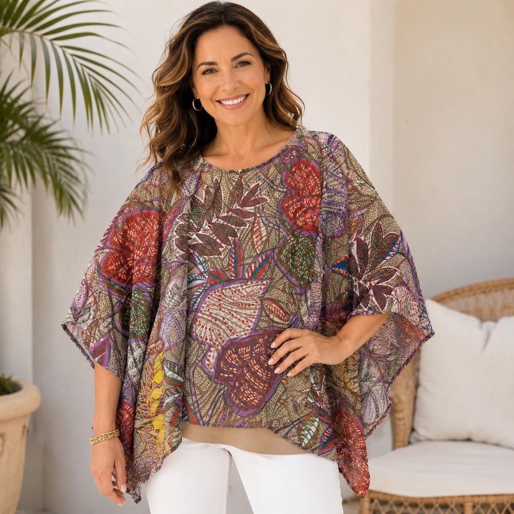 Chicos Multicolor Abstract Floral Mesh Poncho Top‎ with Camisole Lining Size 3 L